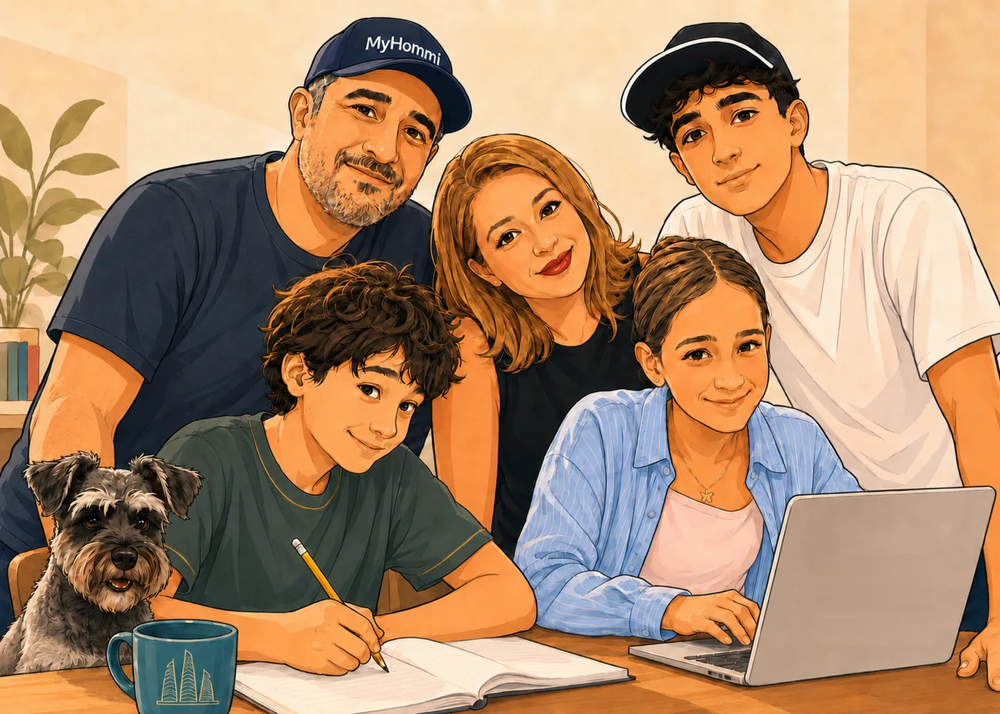 Cartoon of the founder’s family around the homework table — two parents, three children and the family dog, one child writing in a notebook and one at a laptop.